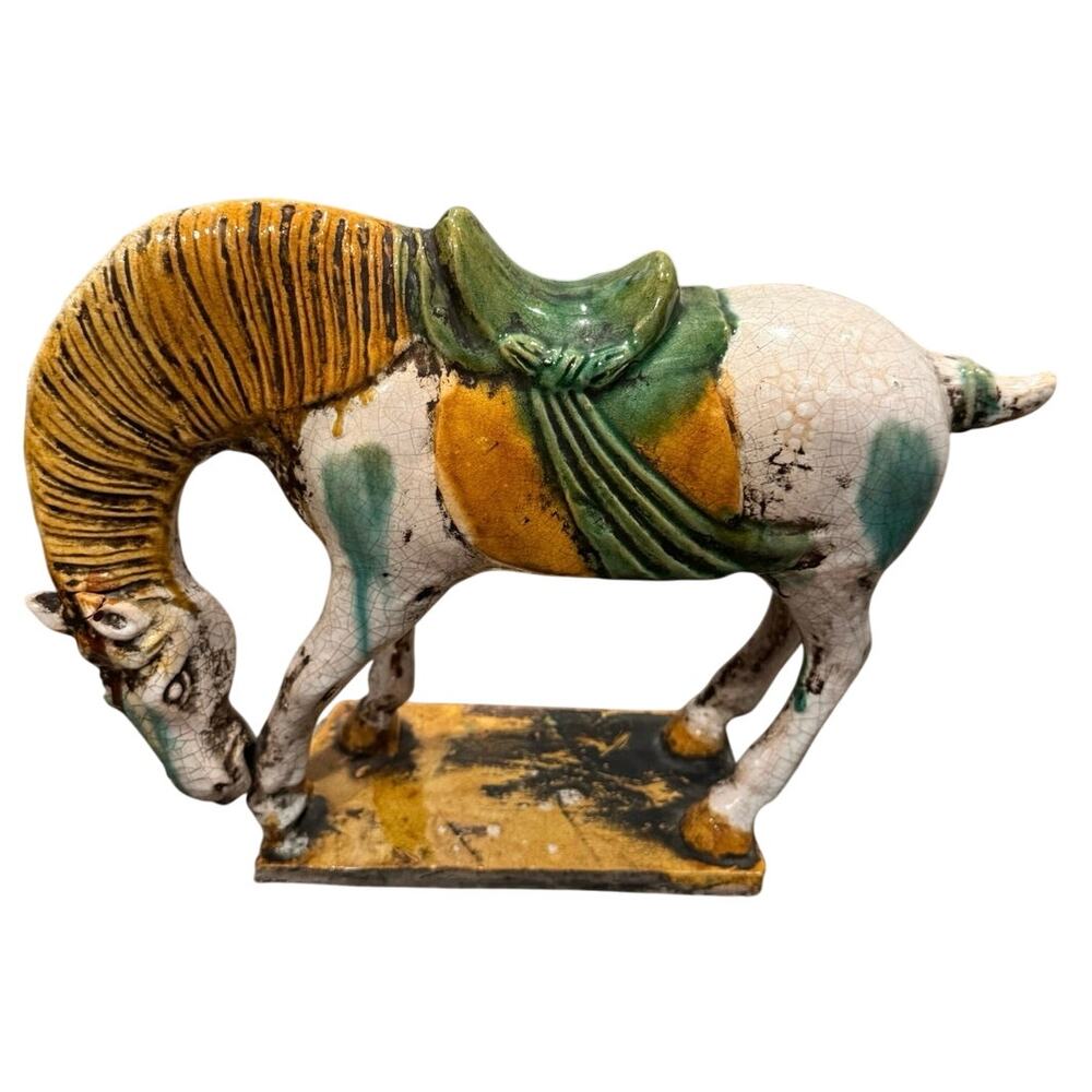 Chinese Sancai Tang Dynasty Style Crackle Finish Glazed Ceramic War Horse Statue